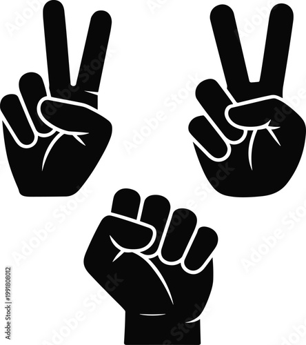Black hand silhouette vector set featuring victory peace sign and raised fist gestures for social justice protest and communication designs