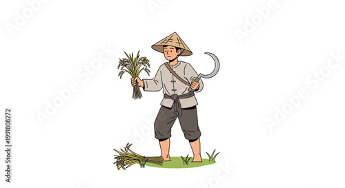Traditional Asian rice farmer wearing a conical hat and simple grey tunic stands on green grass while holding a sharp sickle and golden grain stalks.