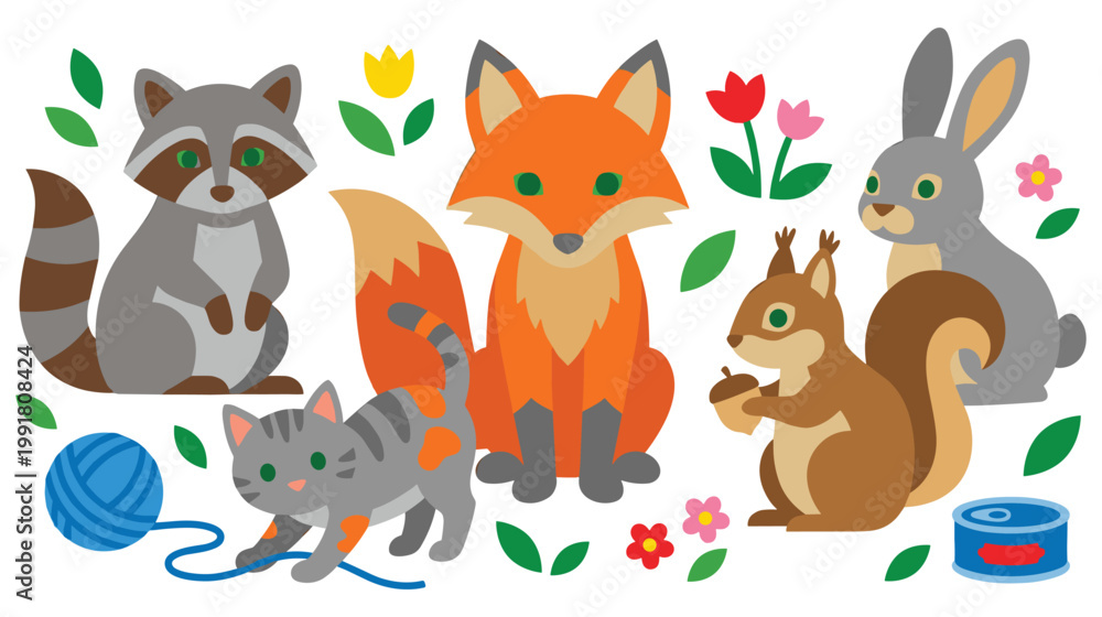 Naklejka premium Forest animals collection with raccoon fox rabbit squirrel and kitten.