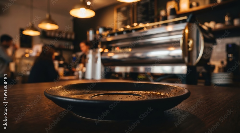 Obraz premium Empty Matte Black Plate on Wooden Table in Cafe
