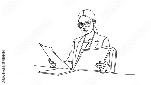 Continuous line drawing of a focused businesswoman reviewing documents at her desk.