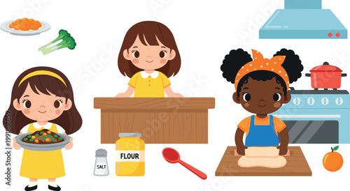 Children Cooking in the Kitchen, Preparing Healthy Food and Fun Meals with Ingredients and Utensils