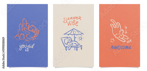 Playful Bolognese dog summer cards set, imperfect line art doodle with inspirational lettering, beach, sun and sea illustration for greeting cards and posters.