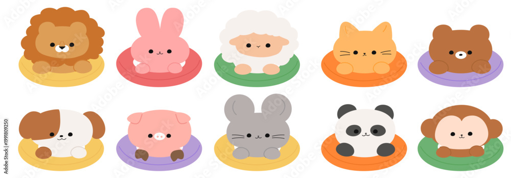 Obraz premium Cute swimming animal character set, cartoon animals floating on swim tubes