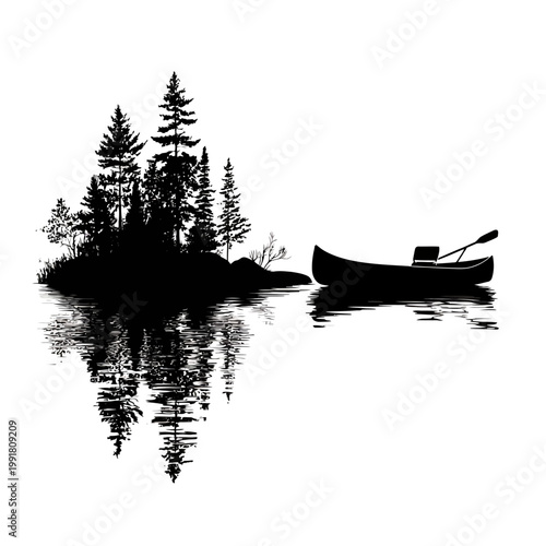 Serene lake scene with canoe and trees.