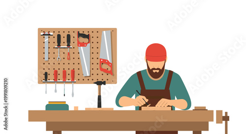 A skilled bearded carpenter wearing a red cap and brown apron meticulously works on a wooden project at a sturdy workbench with organized wall tools.