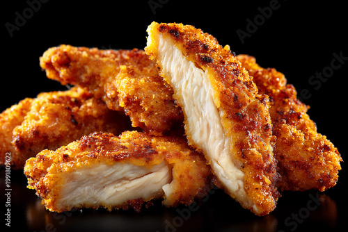 Crispy chicken tenders cut open to show texture on a dark background perfect for game day snacks and beer pairings