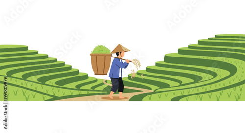 A hardworking farmer wearing a traditional conical hat carries a heavy basket of golden rice on a shoulder pole through lush green terraced paddy fields.