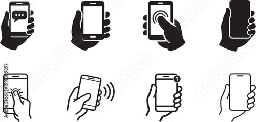 Smartphone in hand line icon set featuring touchscreen tap symbols and mobile UI vector styles.