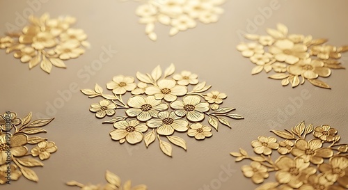 Golden floral pattern on beige background, embossed flowers