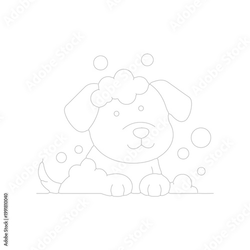 Outline of a cute dog enjoying bath time with bubbles in simple clean style Vector illustration