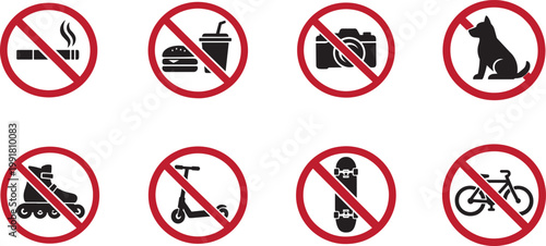 Prohibition line icon set with no smoking, food, pets and transport signs, editable vector style.