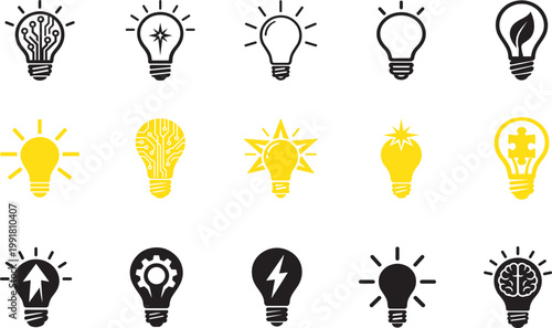 Innovation bulb icon set in line style, creative idea symbols for business, tech and startup design.