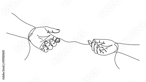Continuous line drawing of two hands connected by a single thread.