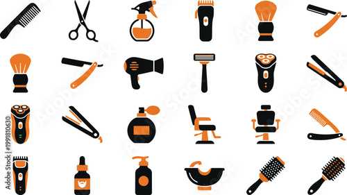 Assorted grooming and hair care tools in a stylized icon set Vector