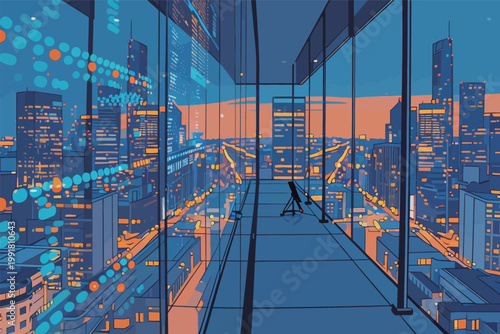 View of city skyline at dusk from modern balcony with glass walls showing buildings and lights