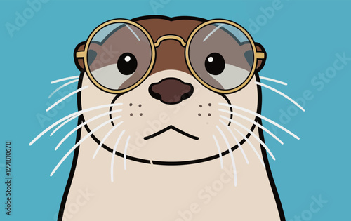 Cartoon otter wearing round glasses with a light blue background and simple design