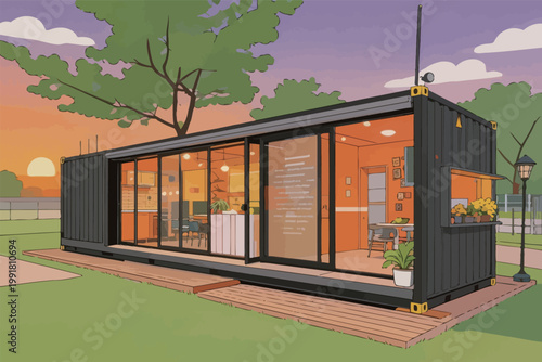 Modern shipping container office design in an open space during sunset with trees and a pathway