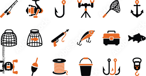 Collection of fishing and outdoor adventure equipment icons Vector