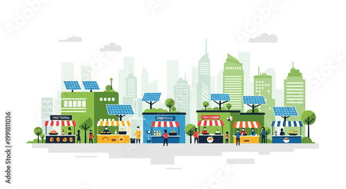 Sustainable street food festival with solar panels in an eco friendly green city illustration