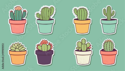 Set of cartoon cactus vector in pot, sticker with outline element.



