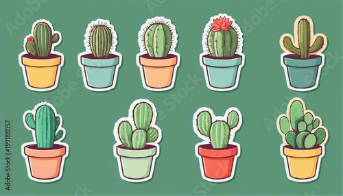 Set of cartoon cactus vector in pot, sticker with outline element.



