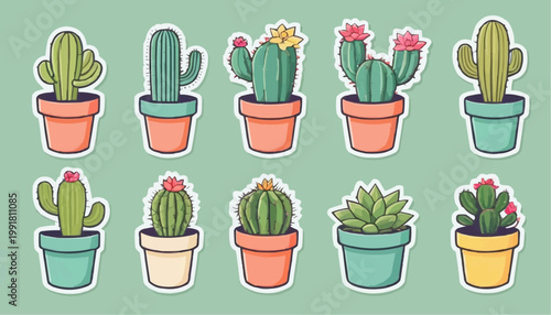 Set of cartoon cactus vector in pot, sticker with outline element.




