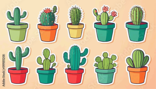 Set of cartoon cactus vector in pot, sticker with outline element.



