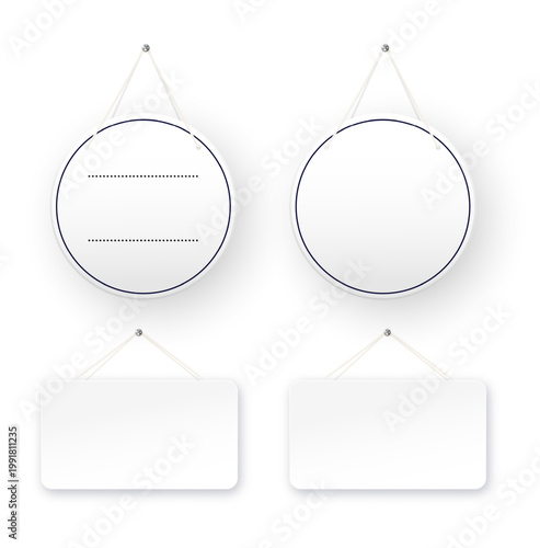 White round shop door signs hanging isolated on transparent background. Empty or blank sign for store, restaurant or cafe. Vector