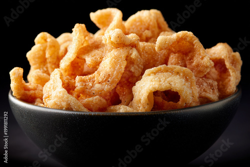 Bowl of pork rinds in high contrast lighting for snacks during game day or casual gatherings