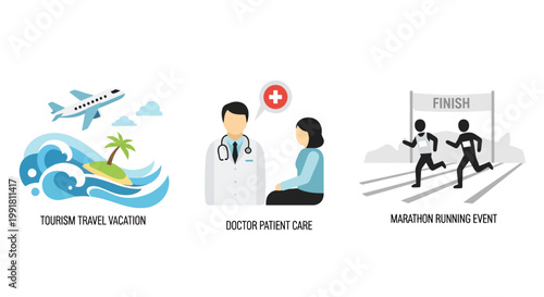 Collection of diverse flat icons for travel, healthcare, and sports.