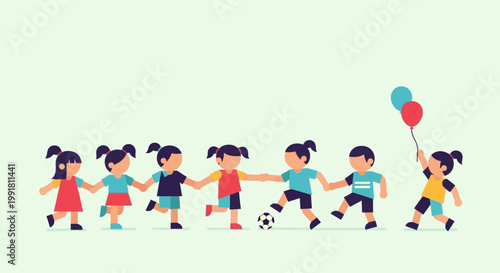 Children playing soccer and holding hands with balloons