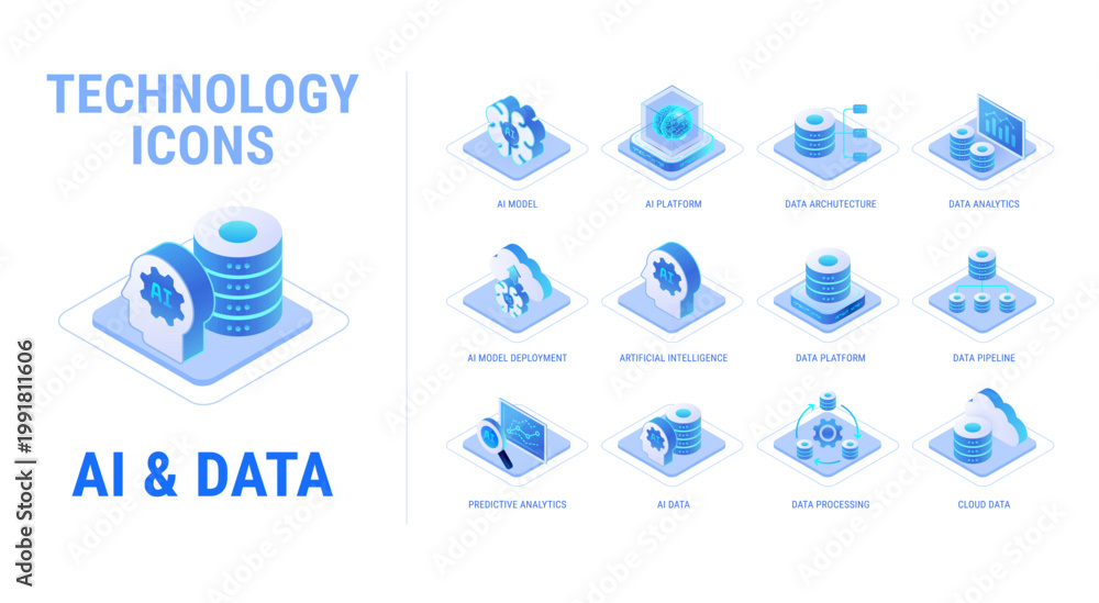 Obraz premium Technology icons set for AI and Data workflow diagram - AI platform, artificial intelligence, predictive data analytics, AI model, cloud - high quality isometric vector isolated on white background