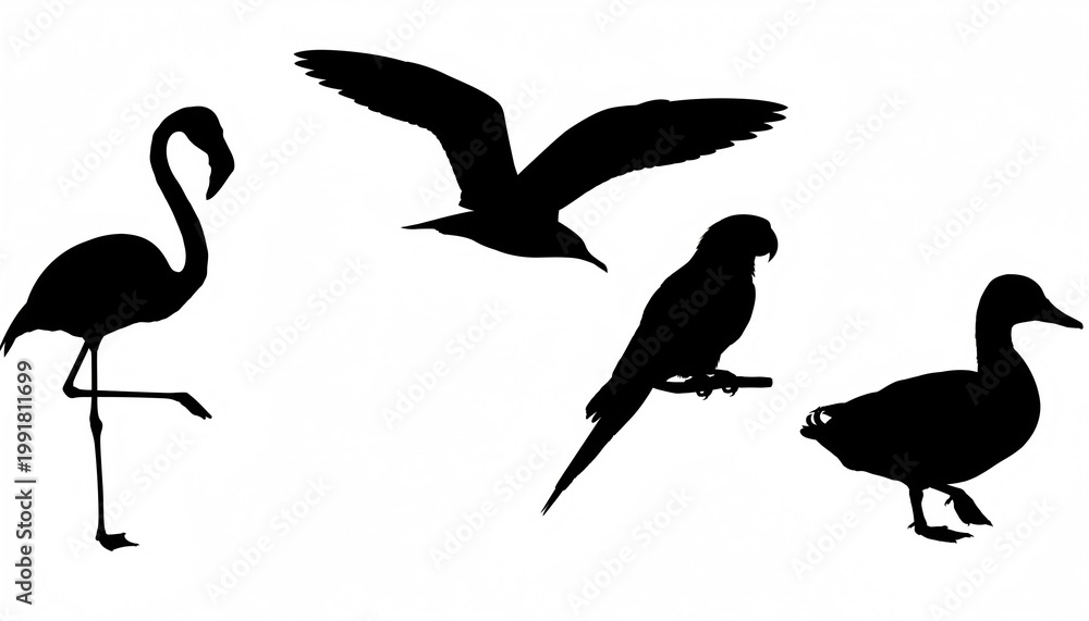Obraz premium black silhouettes of four different birds on white background