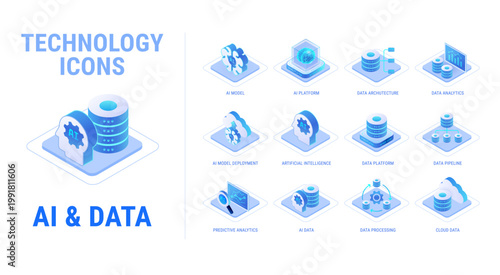 Technology icons set for AI and Data workflow diagram - AI platform, artificial intelligence, predictive data analytics, AI model, data pipeline, architecture, cloud - high quality isometric vector