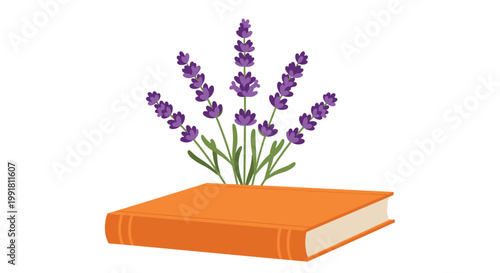 A vibrant orange hardcover book rests peacefully beneath a fan of aromatic purple lavender blossoms positioned against a neutral backdrop in soft natural light.