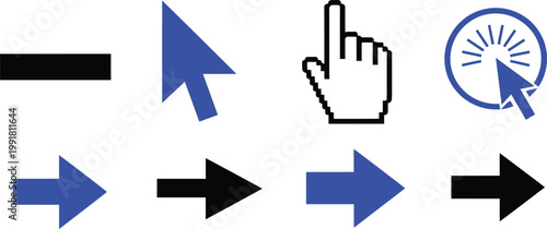 Digital technology interface cursor icons hand pointer and navigation arrows for user interaction and system control