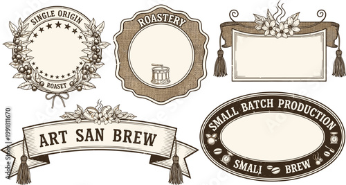 Vintage Coffee Label Set with Roastery Badges Single Origin Frames Small Batch Brew and Decorative Retro Vector Illustration Collection