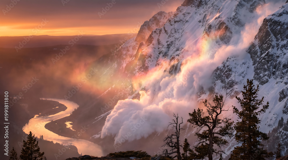 Fototapeta premium Beautiful sunrise light breaking through clouds over mountain valley