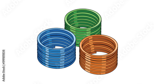 Three vibrant coiled metal springs in blue green and orange hues are clustered together in a dynamic triangular arrangement against a white backdrop in clear light.