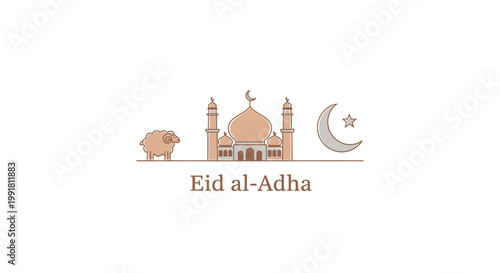 Minimalist Eid al-Adha greeting illustration with a mosque and sacrificial sheep symbols