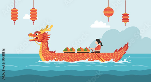Dragon Boat Festival illustration with person rowing and traditional lanterns