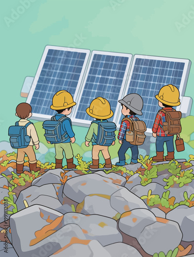 Group of workers looking at solar panels on a rocky hillside during the day in a renewable energy project