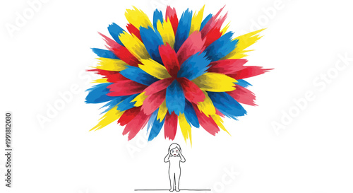 Colorful feather explosion, abstract illustration, vibrant multicolor design, decorative element