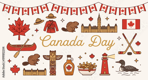 Canada Day vector icon set with Canadian symbols maple leaf beaver maple syrup hockey and parliament building flat illustration