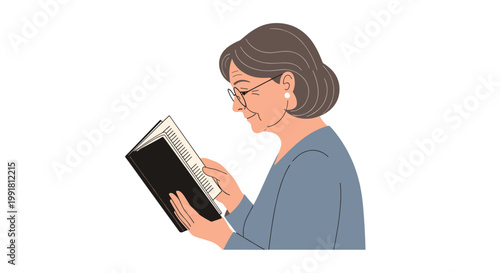 A sophisticated elderly woman with grey hair and glasses is captured in profile while focused on reading a black book against a clean white background in soft light.