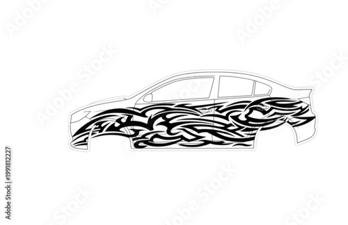 Car Side Body Graphic Sticker. Hand Drawn Tribal Racing Decal Design for Vehicle Modification with White Border.