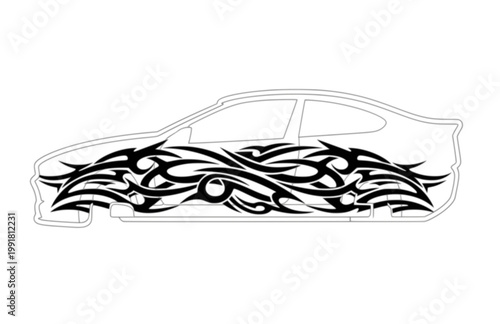 Car Side Body Graphic Sticker. Hand Drawn Tribal Racing Decal Design for Vehicle Modification with White Border.