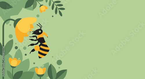 Bee Pollinating Flower World Bee Day Flat Vector Illustration