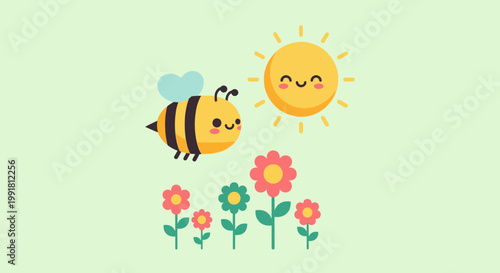 Bee Sun Flower World Bee Day Flat Vector Illustration